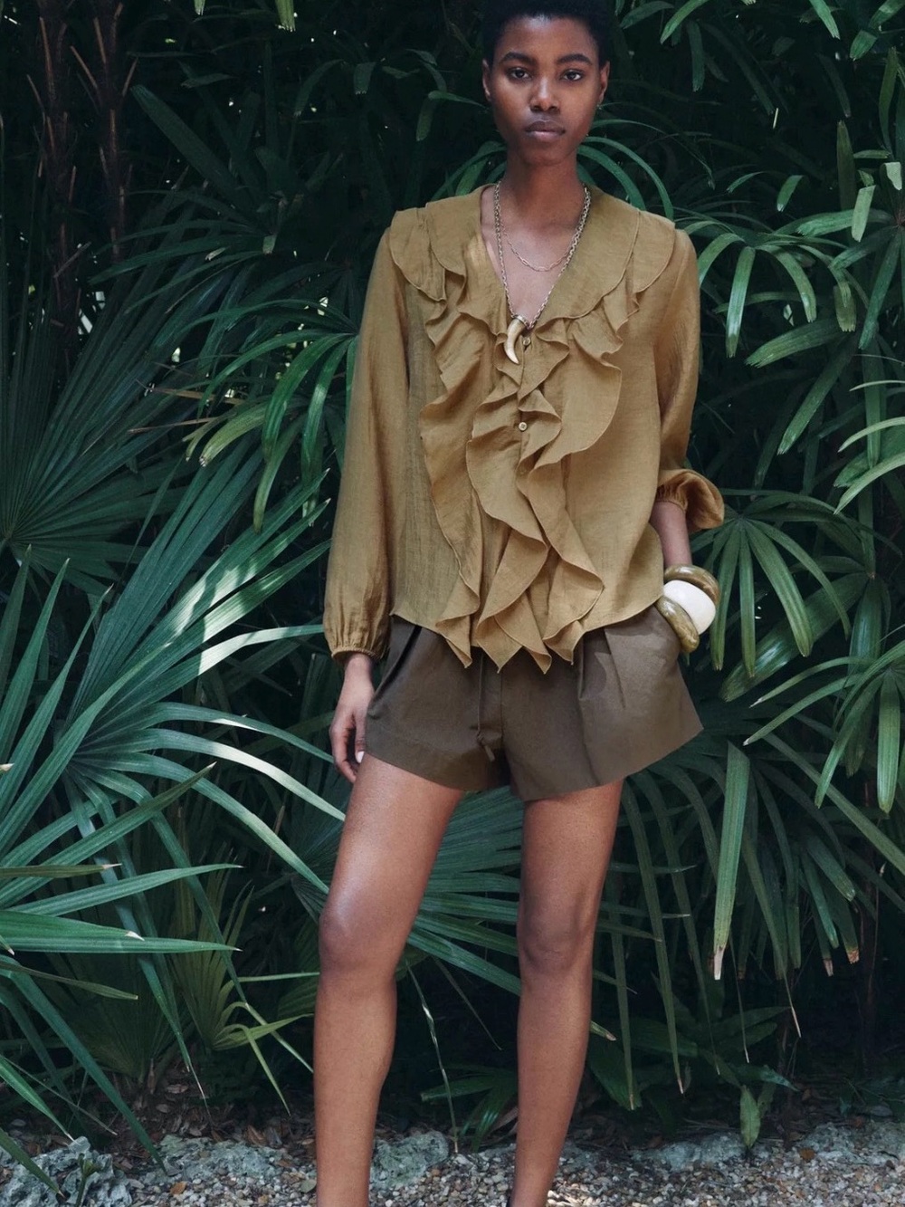 NWT ZW Collection Zara Olive Green Ruffled Blouse size S